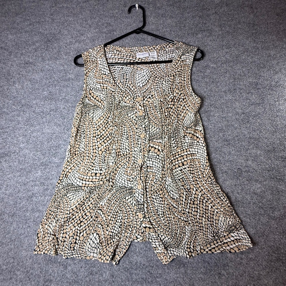 Jaclyn‎ Smith Womens Large Tan Black Mosaic Print Rayon Sleeveless Button Blouse